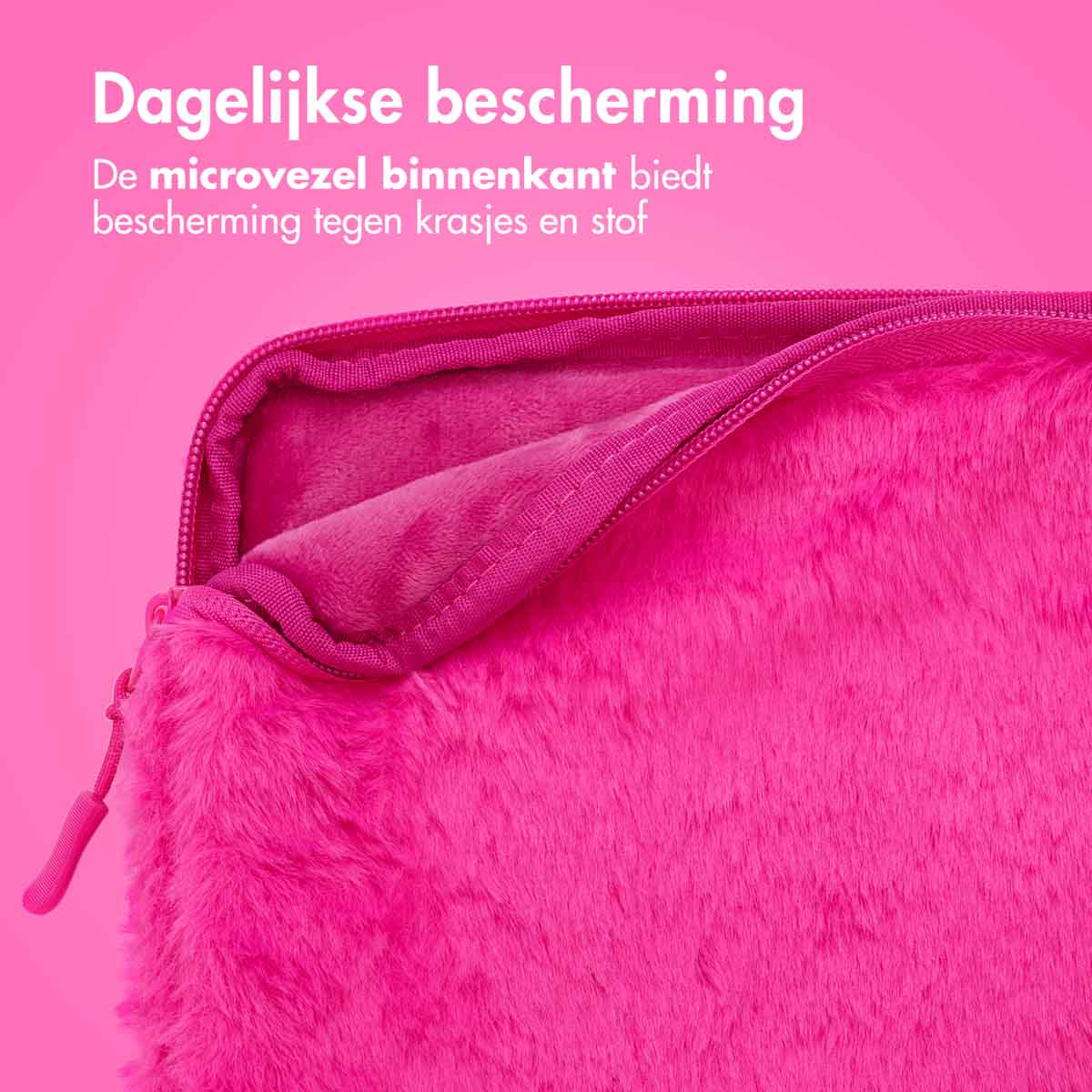 A pink fluffy laptop sleeve with a zipper. Text says 'Daily protection'.