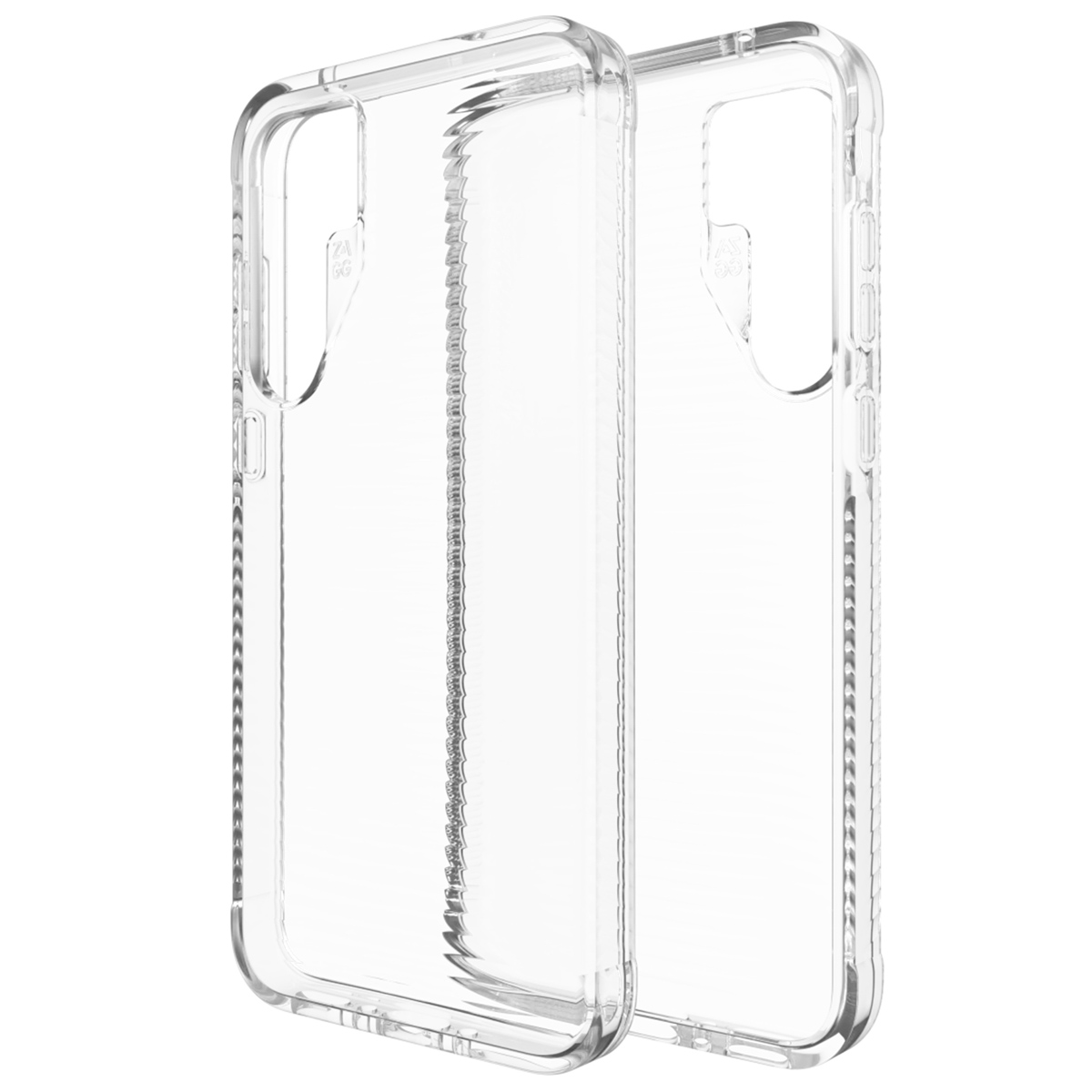 Deux coques de téléphone transparentes. L'une est positionnée devant l'autre.