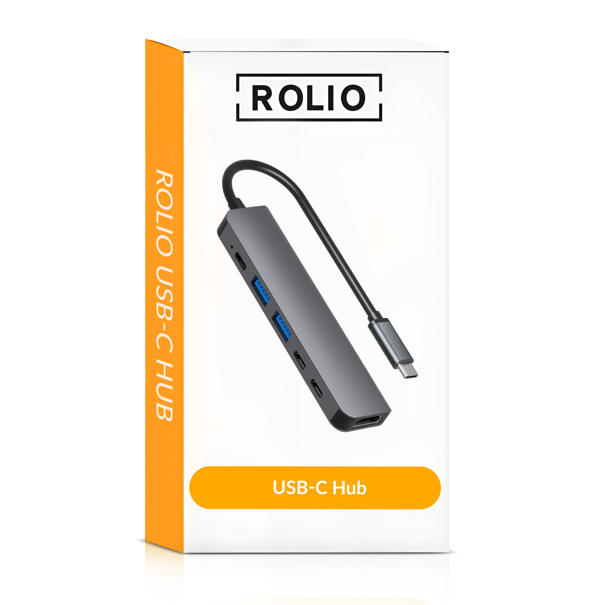 Eine weiße Box mit einem USB-C-Hub darin. Die Box trägt den Markennamen 'ROLIO'.