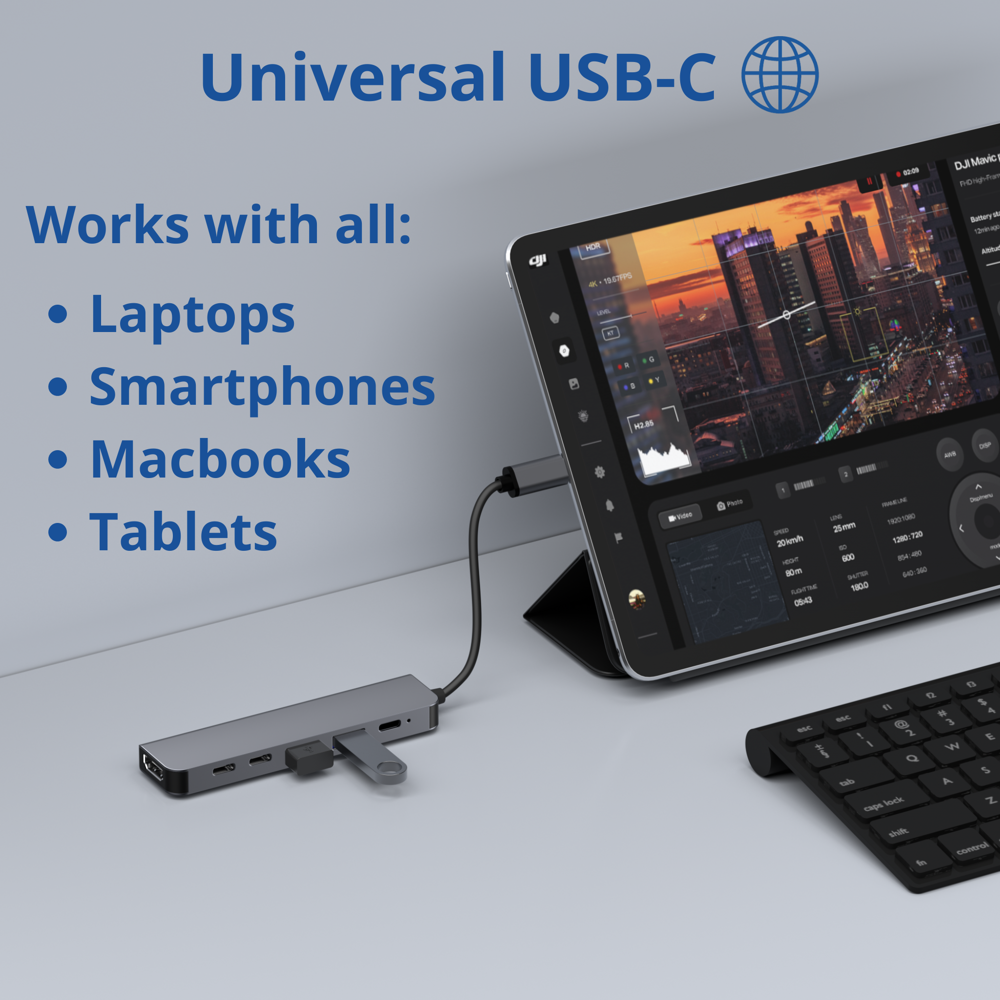 Grauer USB-C-Hub, der mit einem Tablet verbunden ist, mit Text zur USB-C-Kompatibilität.