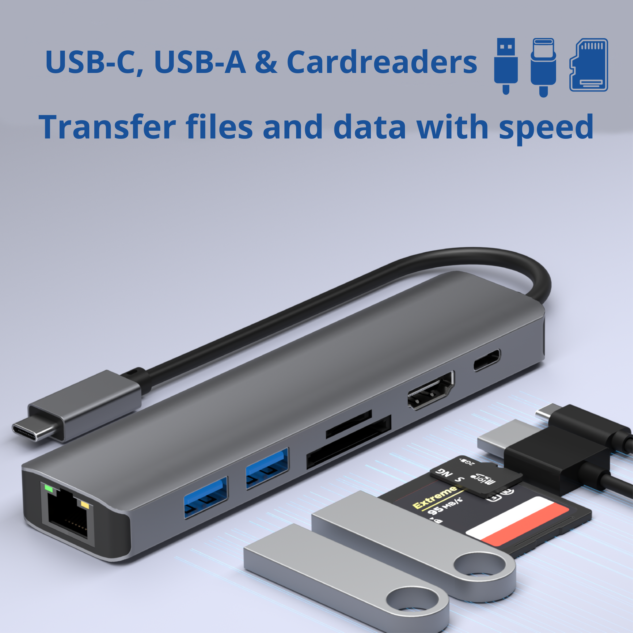 Un hub USB gris avec plusieurs ports et lecteurs de cartes. Cartes SD et clés USB.