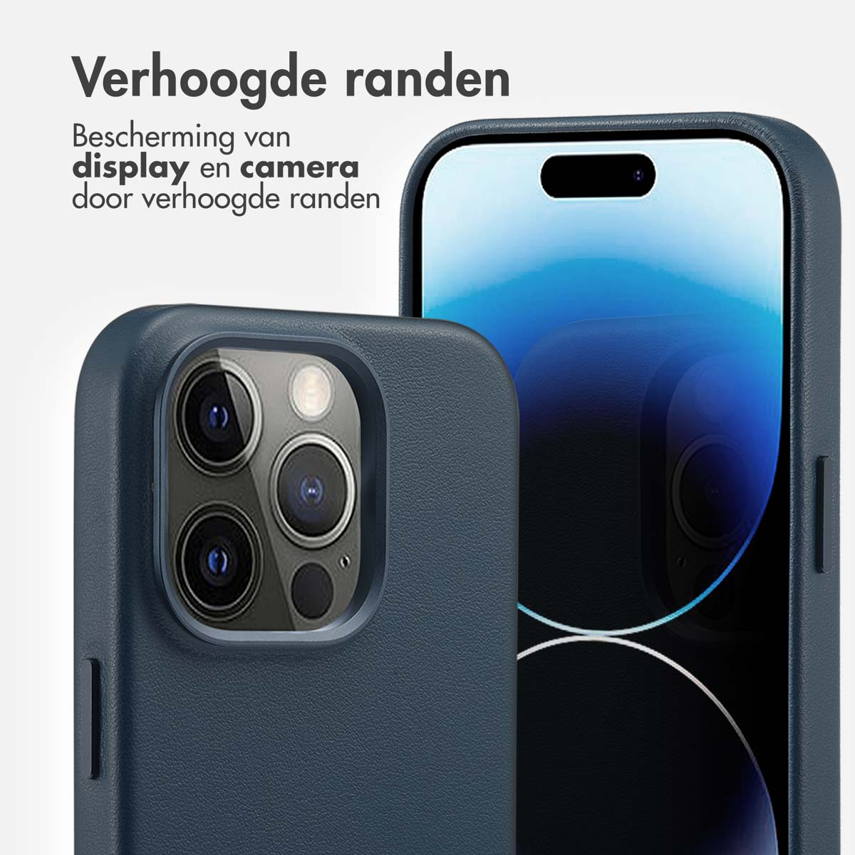 Een telefoonhoesje met een telefoon erin. De hoes heeft tekst in het Nederlands: Verhoogde randen.
