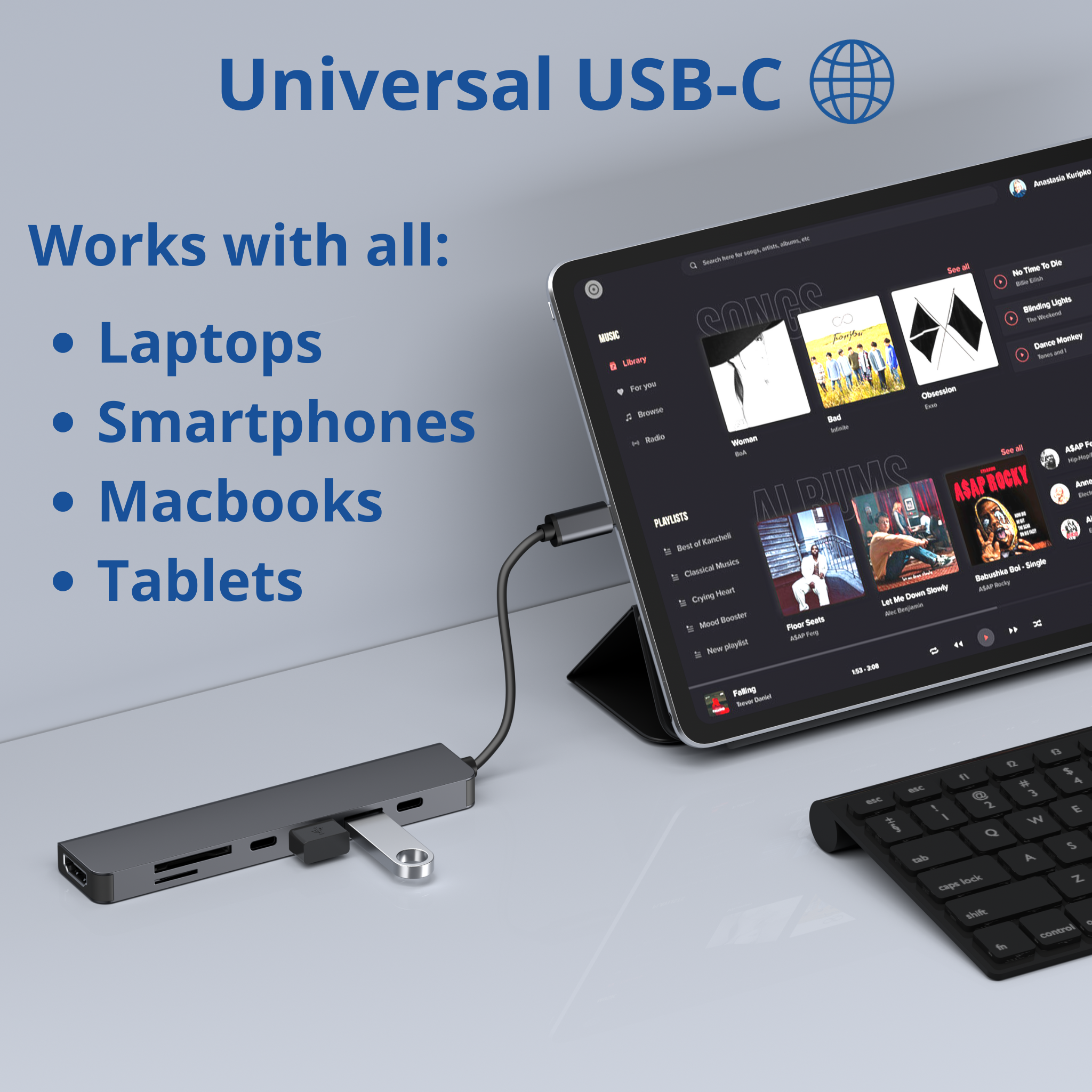 Tablet connected to a USB hub with a keyboard. Text: Universal USB-C, Works with all.