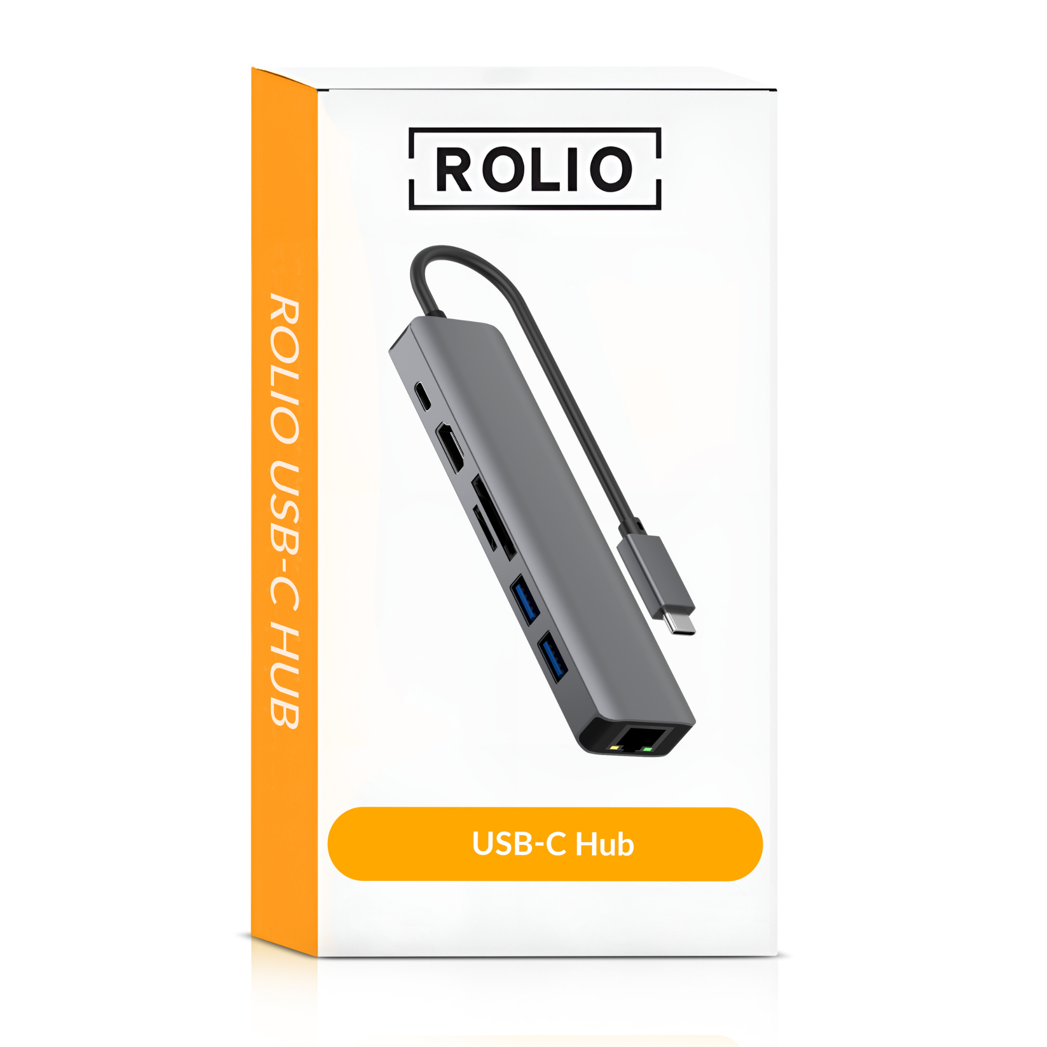 Une boîte blanche avec un hub Rolio USB-C. Le hub est gris avec plusieurs ports et un câble connecté.