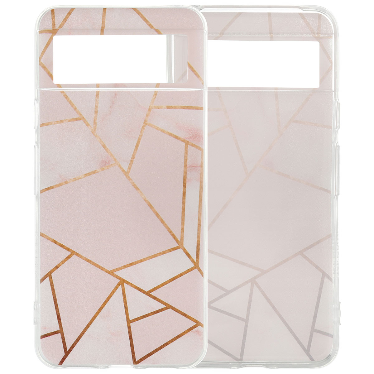 Zwei Handyhüllen mit rosa und goldenen geometrischen Mustern. Klare Kunststoffabdeckung.