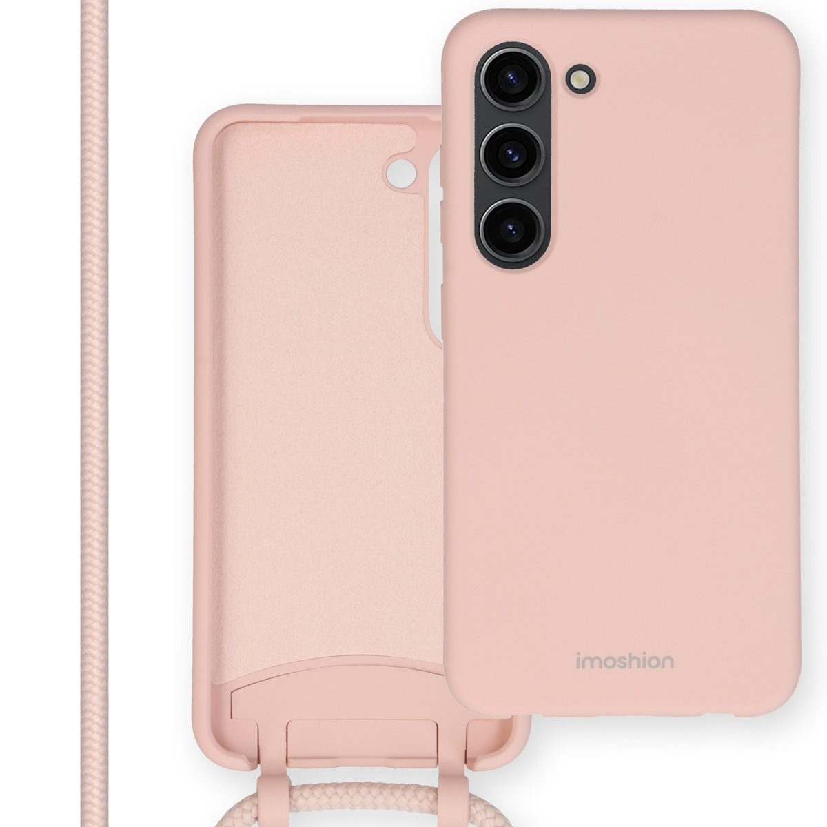 Roze telefoonhoesje met telefoon en koord, hoesje zegt imoshion.