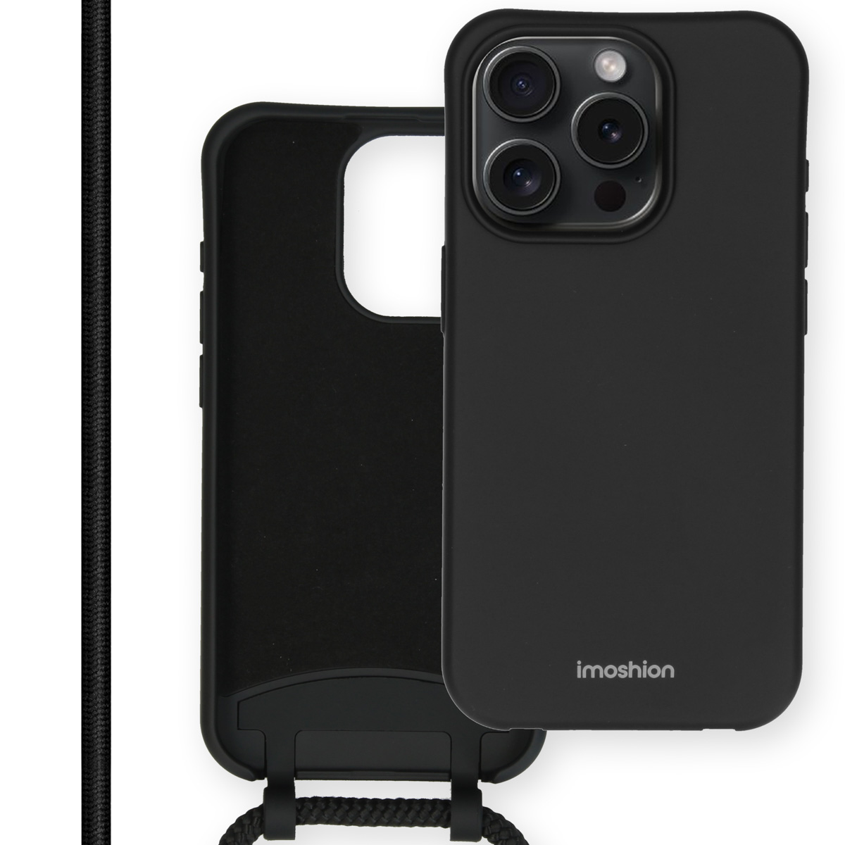 Zwarte telefoonhoes met een koord. De hoes heeft een uitsparing voor de camera.