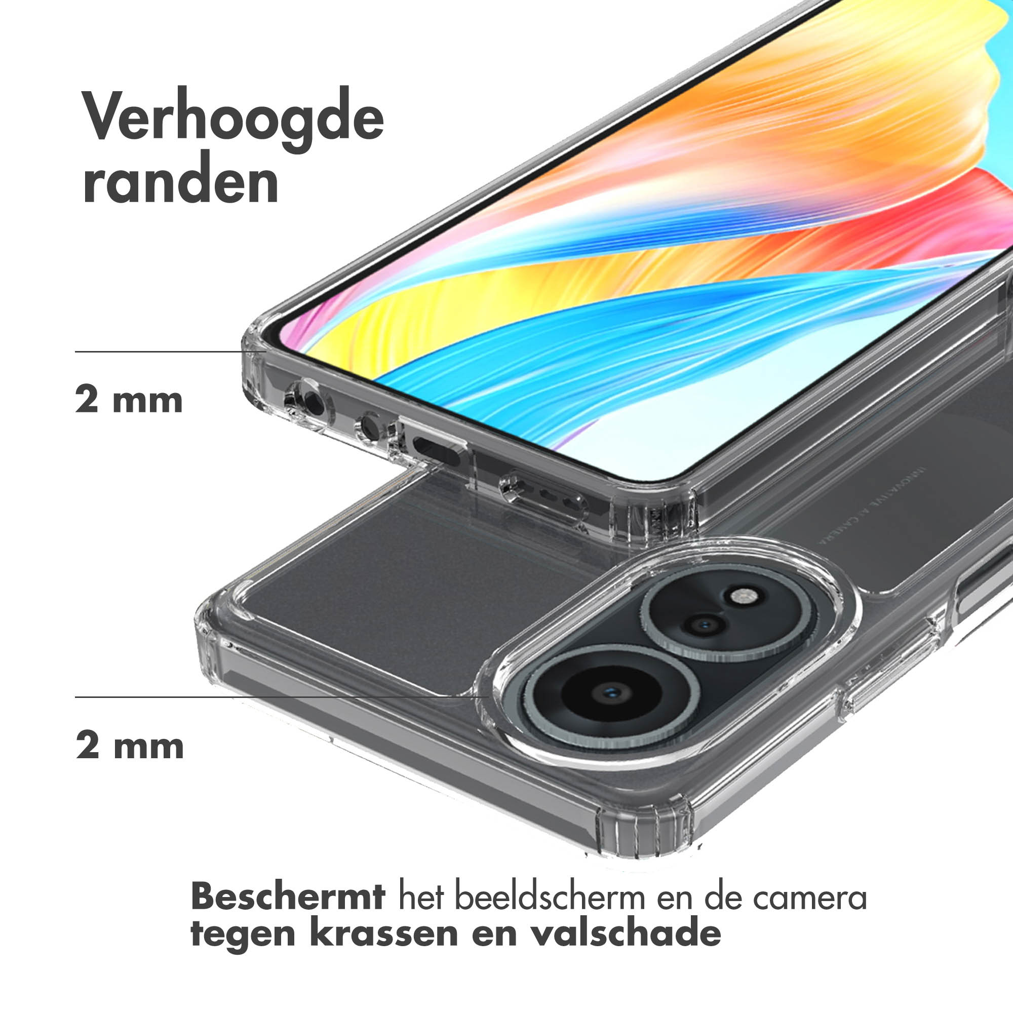 Coque de téléphone transparente avec bords surélevés. Coque à côté du téléphone, avec du texte décrivant la coque.