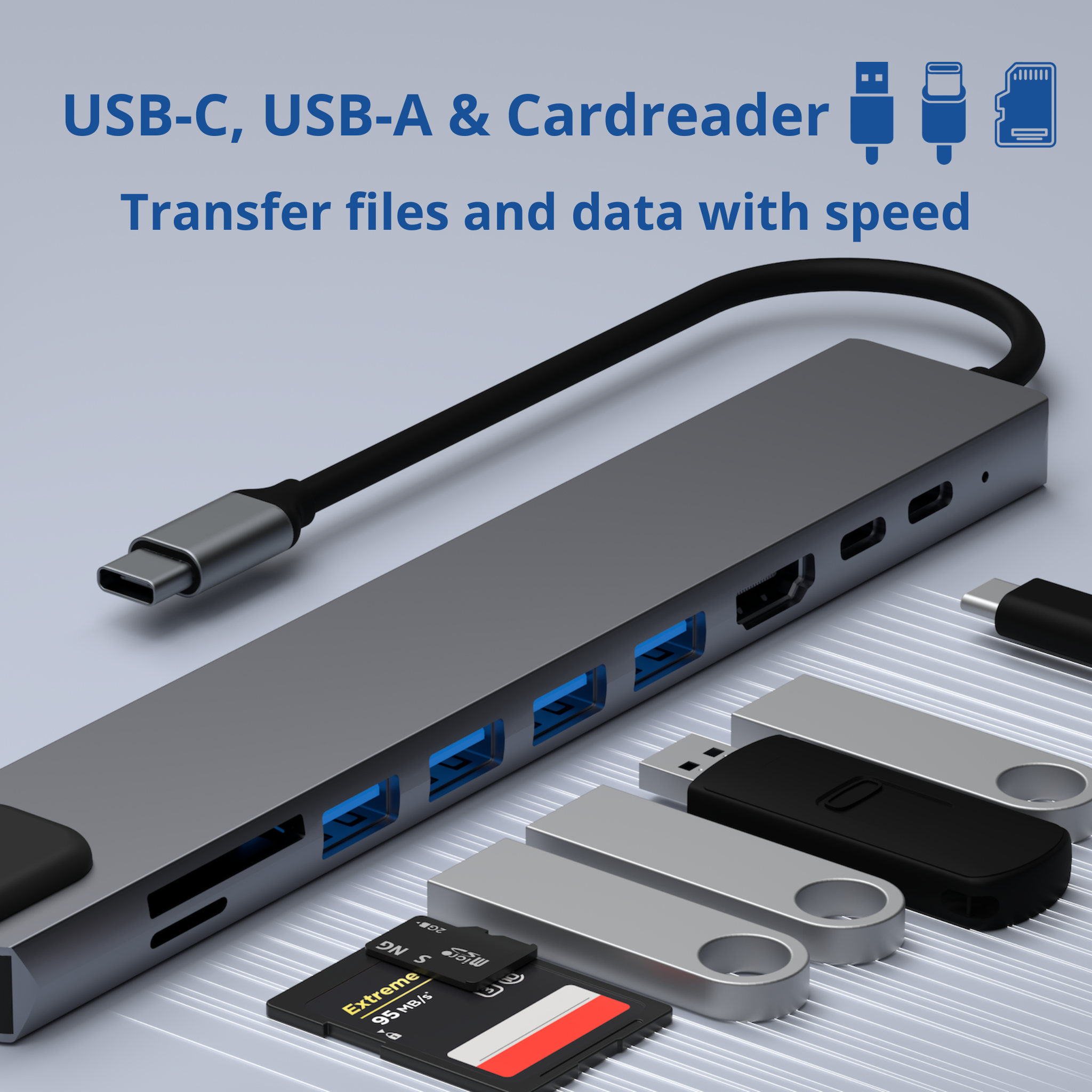 Un hub USB-C gris avec plusieurs ports et des lecteurs USB et une carte SD connectés.