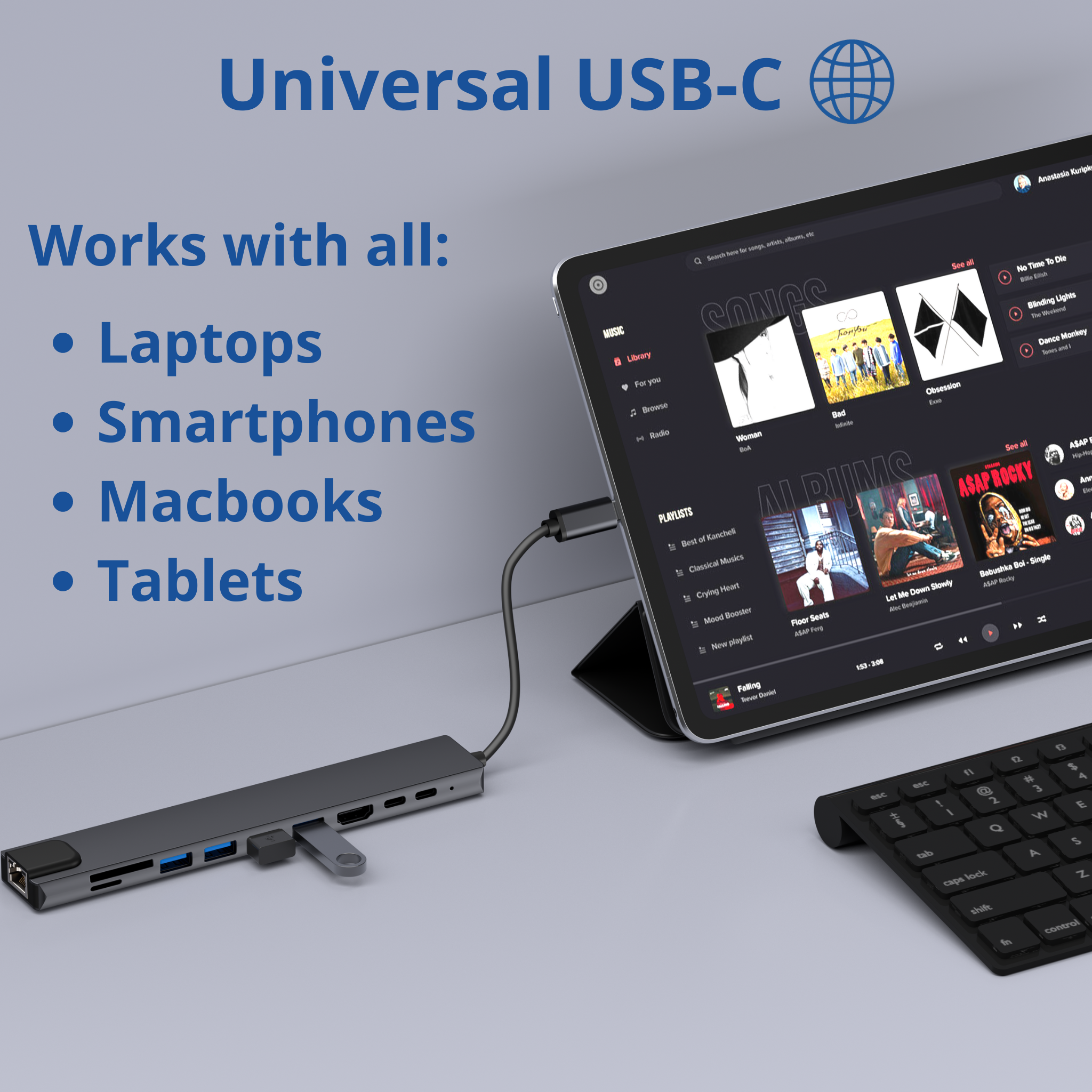 Une tablette connectée à un hub. Texte: USB-C universel, Fonctionne avec ordinateurs portables, smartphones...