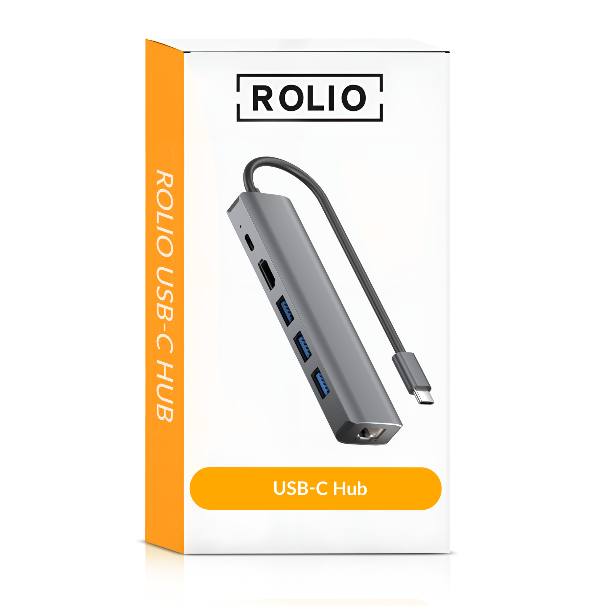 Une boîte blanche avec un hub USB-C et un câble. La boîte porte le logo Rolio et le texte USB-C Hub.