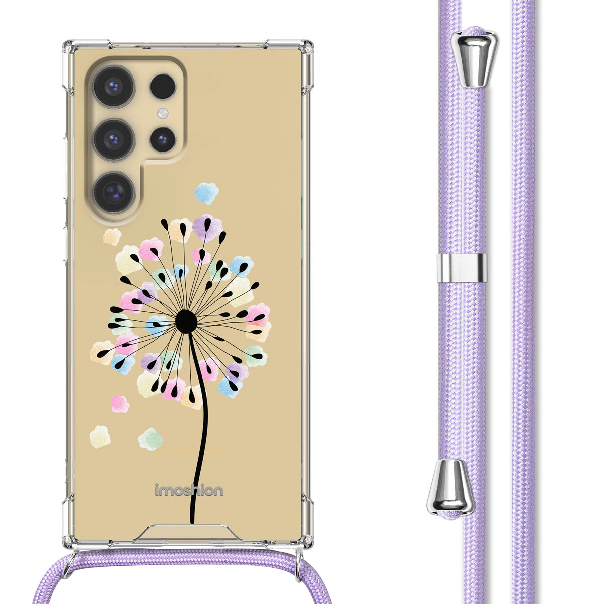 Telefoonhoesje met paardenbloemdesign en koord. De hoes is transparant met een kleurrijke bloem.
