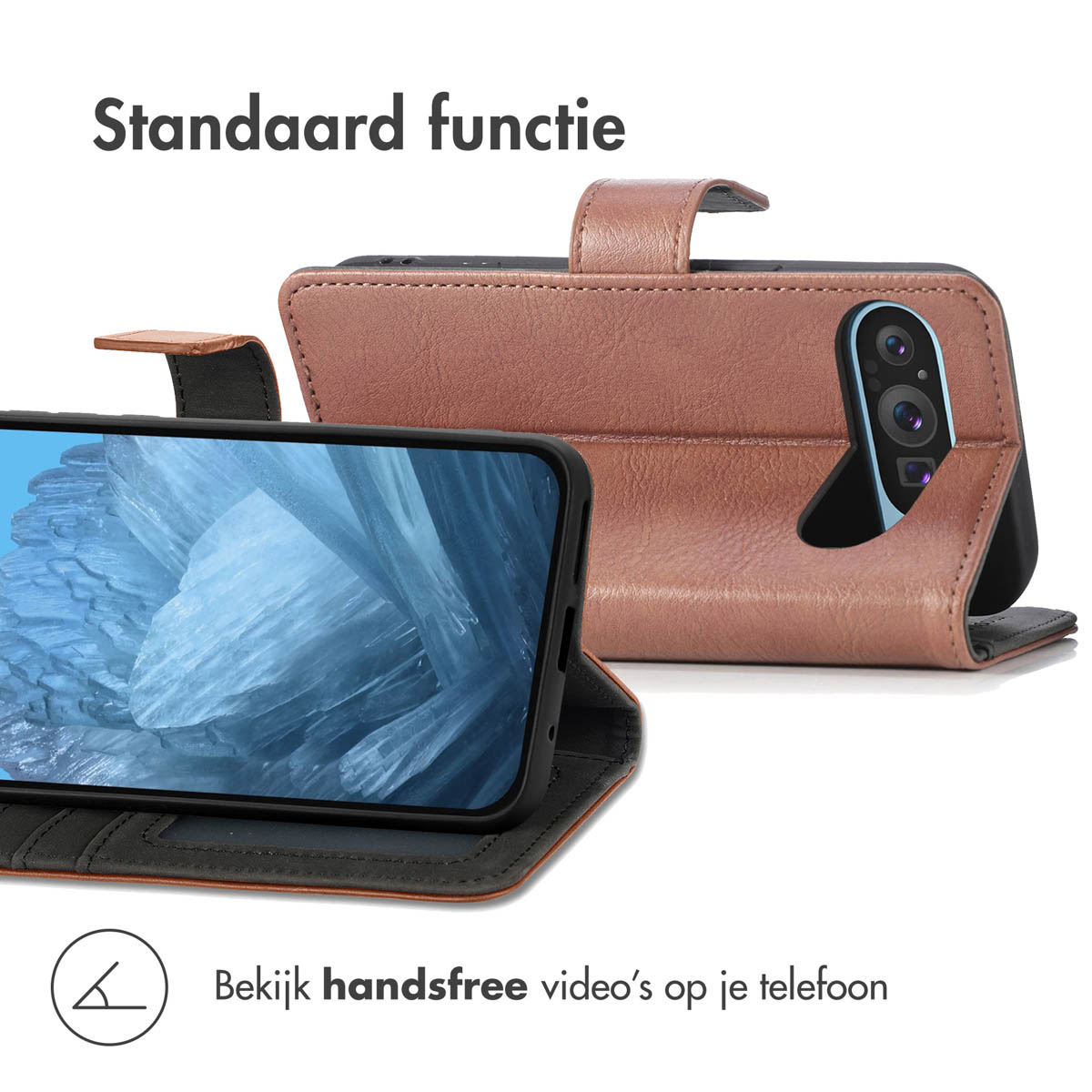 Un étui de téléphone avec un téléphone à l'intérieur. L'étui est marron. Le téléphone affiche une image bleue.