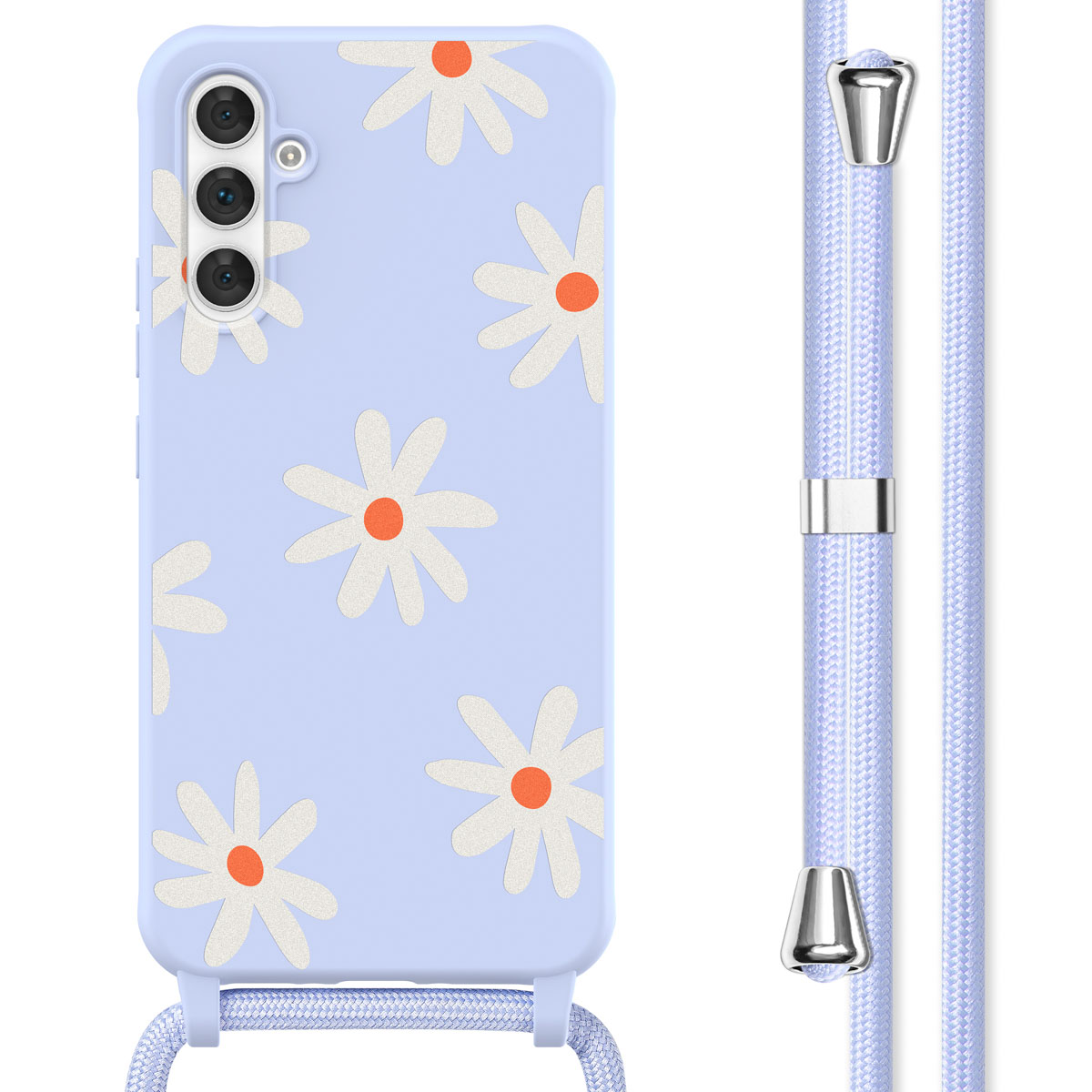 Coque de téléphone bleu clair avec motif de marguerites et cordon lavande assorti. Marguerites blanches, centres oranges.