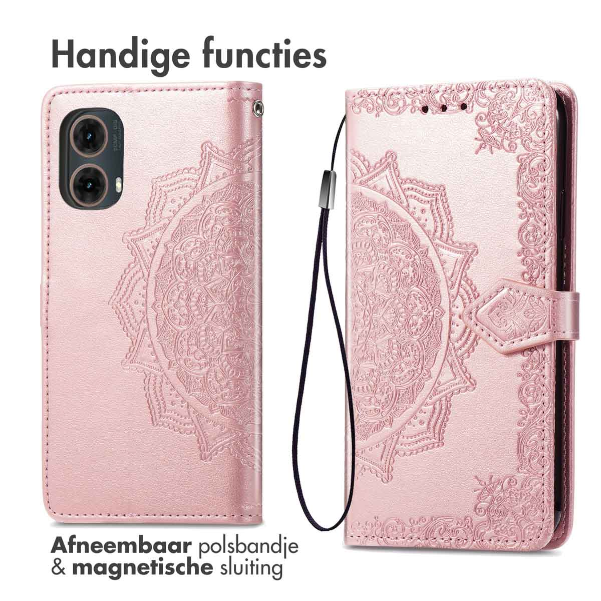 Custodia per telefono rosa con design mandala, chiusura magnetica e cinturino da polso.