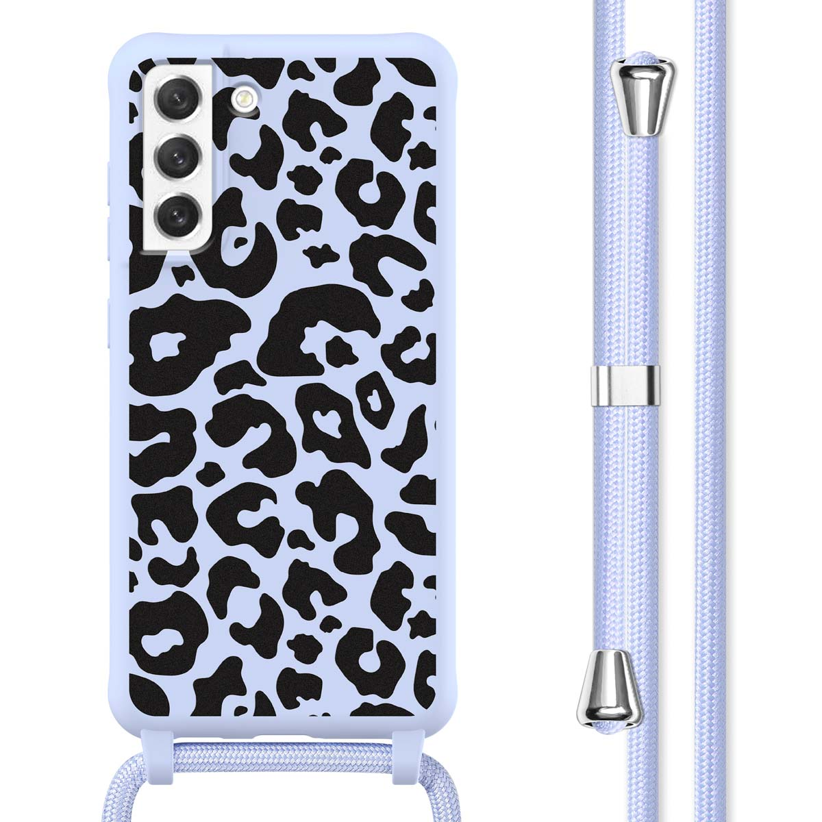 Telefoonhoesje met luipaardprint design, lichtblauwe achtergrond, lichtblauw koord.