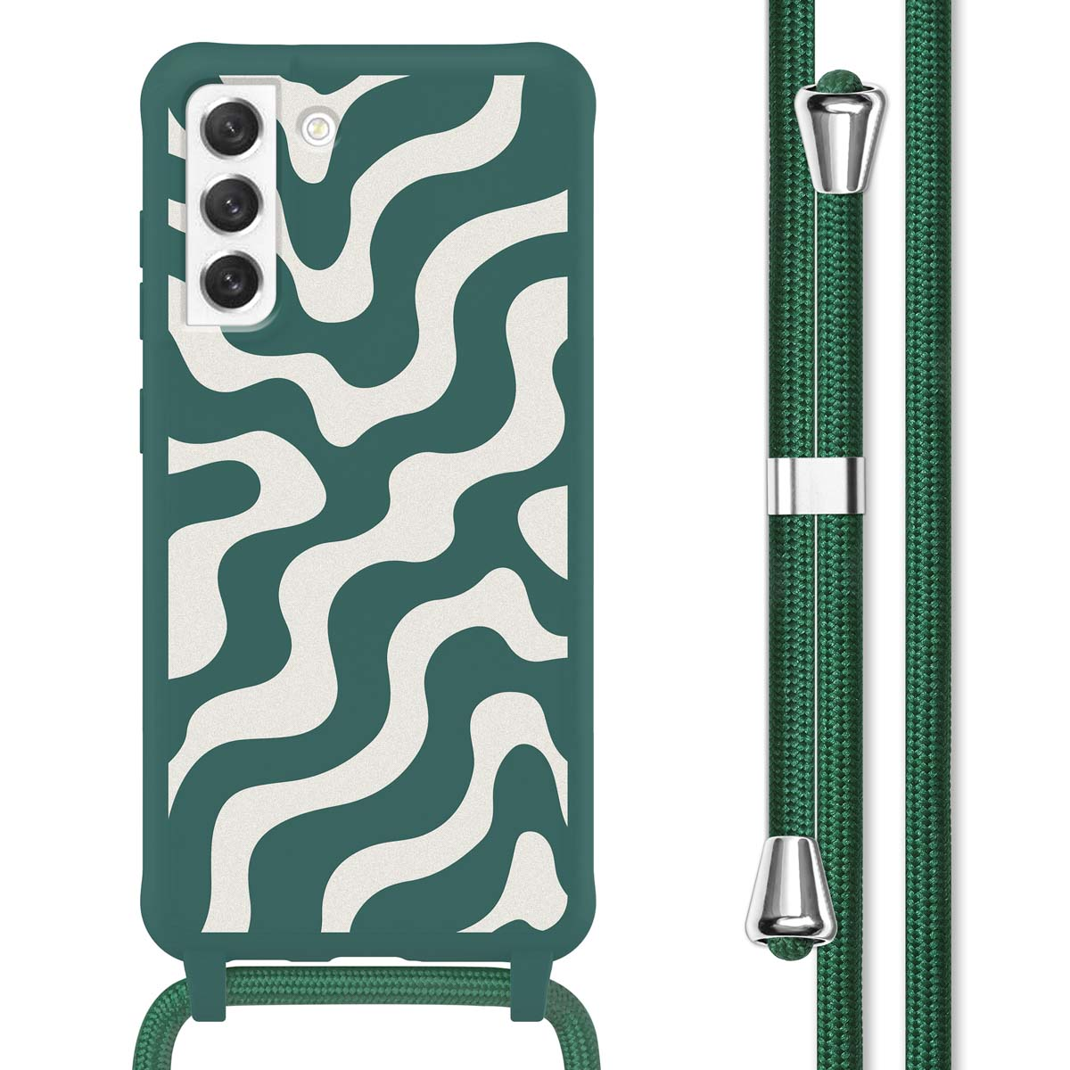 Groene telefoonhoes met wit golfpatroon en een groene lanyard. De hoes staat op een witte achtergrond.