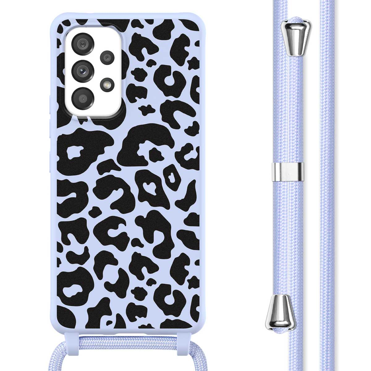 Coque de téléphone bleu clair avec imprimé léopard noir. Un cordon bleu clair pend à droite.