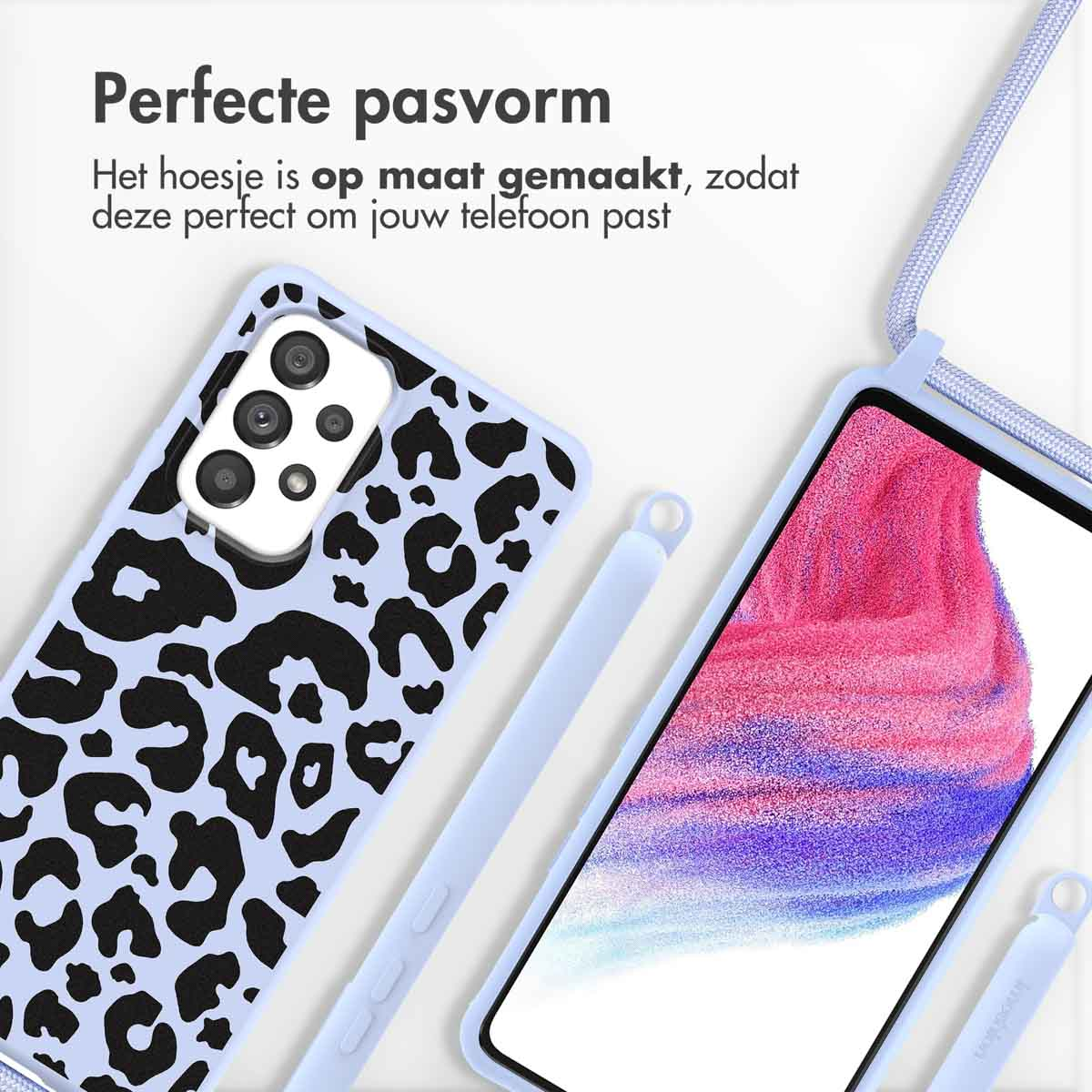 Deux coques de téléphone, une à imprimé léopard, l'autre sur un téléphone avec écran rose dégradé.