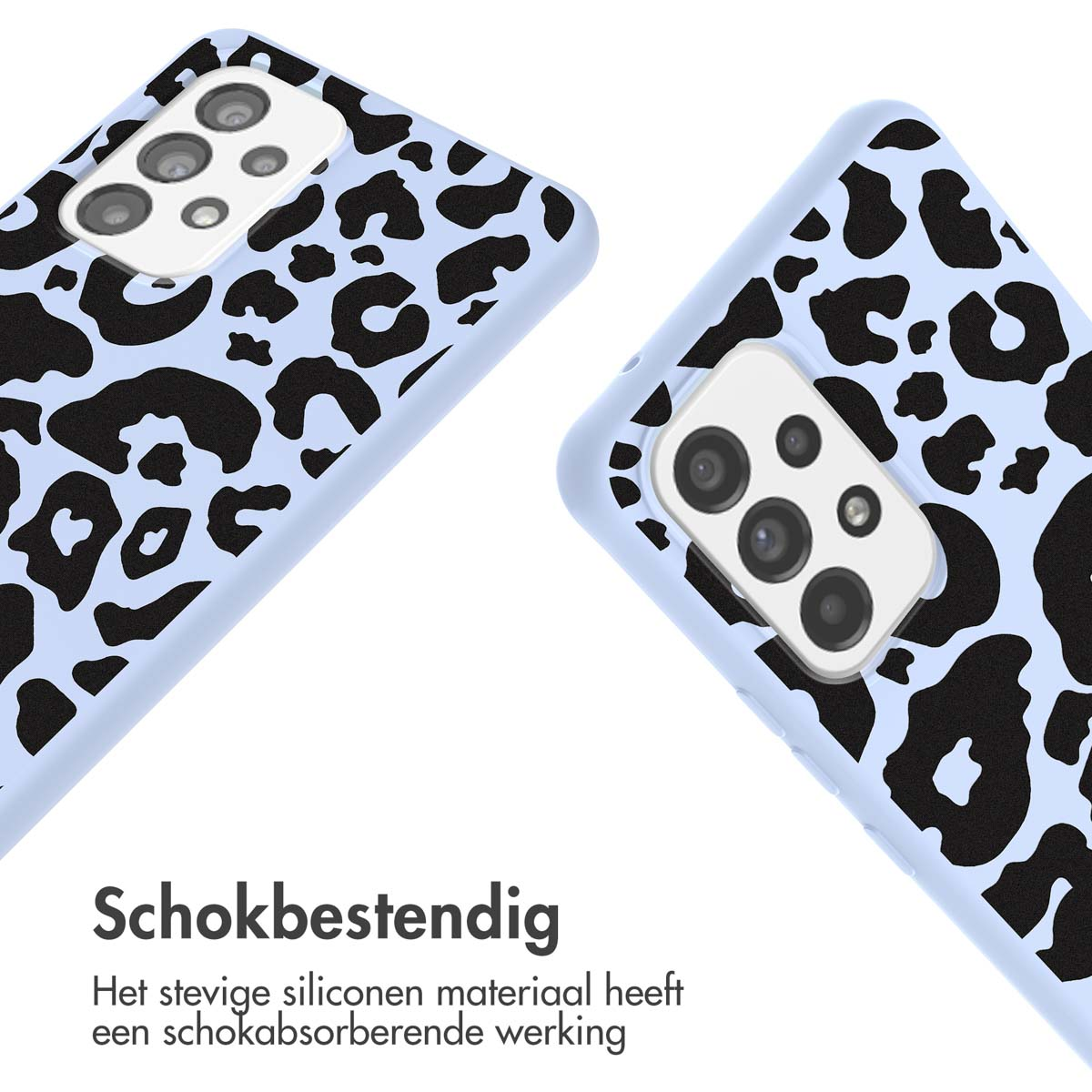 Deux coques de téléphone bleu clair avec imprimé léopard noir, texte en dessous.