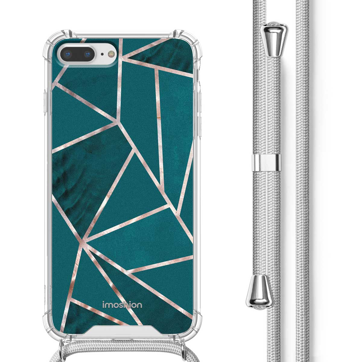 Une coque de téléphone bleu sarcelle avec un design géométrique et une sangle argentée, avec un fond blanc.