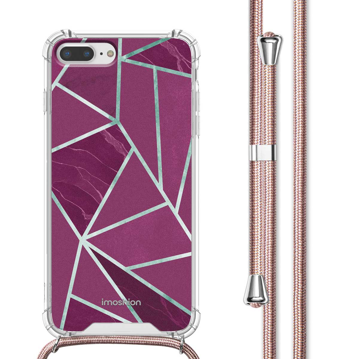 Coque de téléphone violette avec motif géométrique et sangle assortie. Coque transparente avec téléphone.