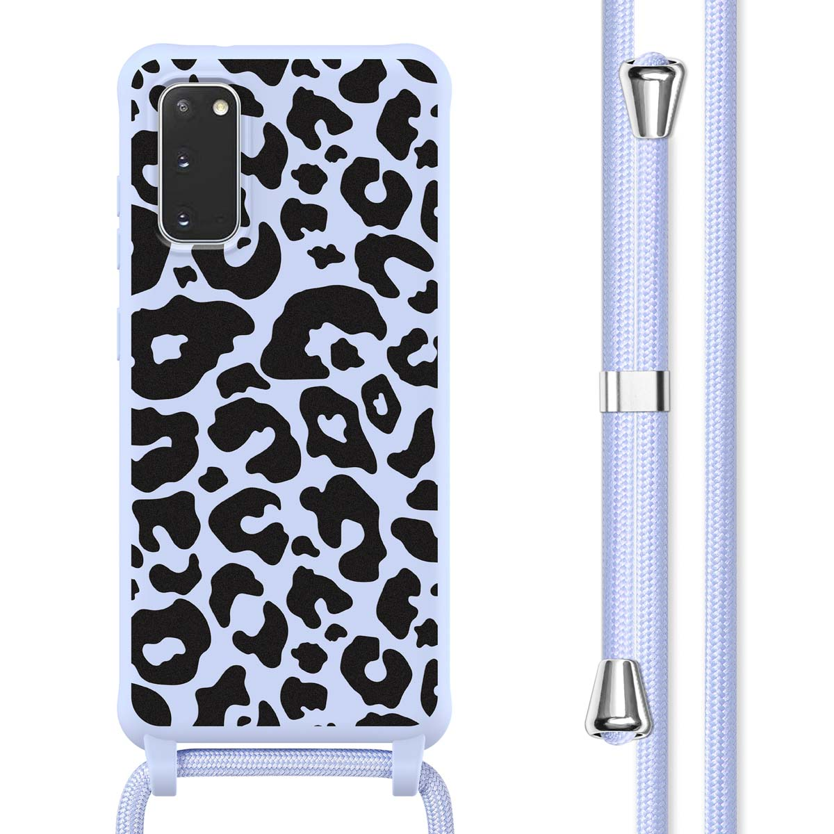 Custodia per telefono azzurra con macchie di leopardo nere e un cordino azzurro.