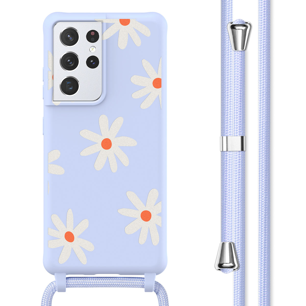 Een lichtblauwe telefoonhoes met madeliefpatronen en een bijpassend koord.