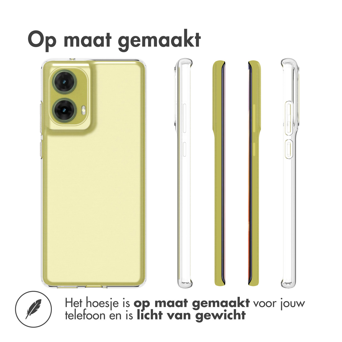Een gele telefoon in een gele hoes met extra doorzichtige hoesjes.