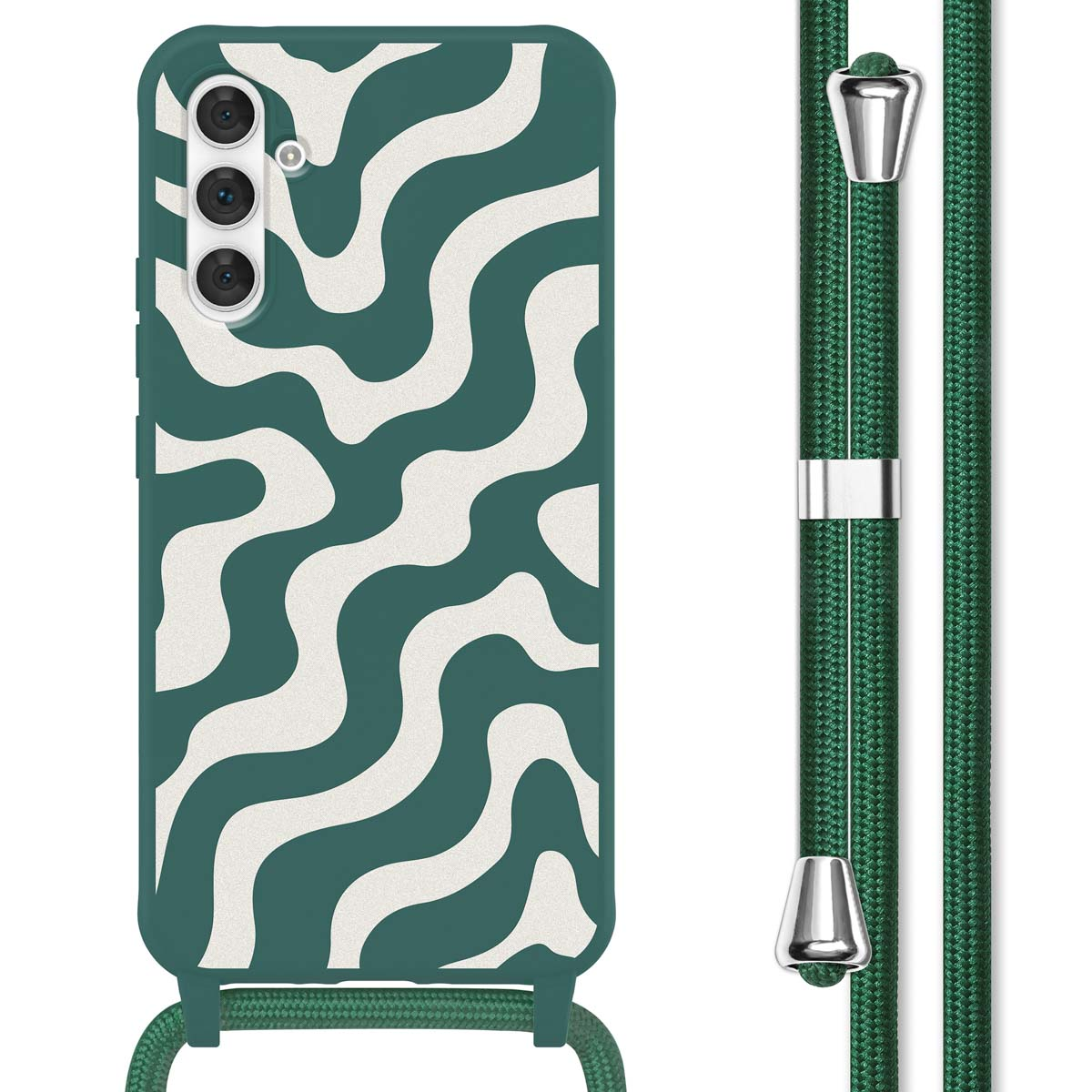 Coque de téléphone verte avec un motif ondulé blanc et une sangle verte. Le fond est blanc.