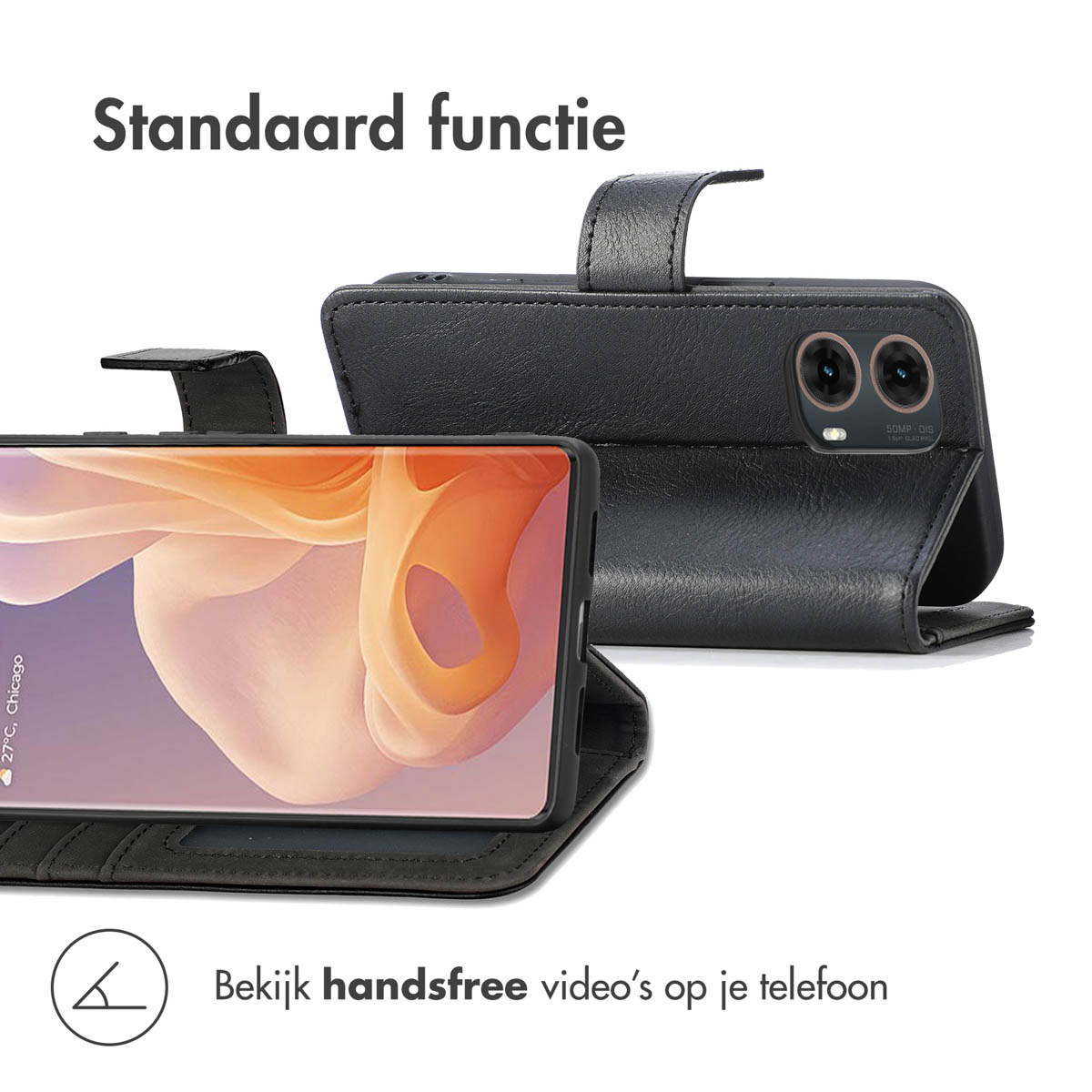 Zwarte telefoonhoes met een opvouwbaar ontwerp. Telefoon in de hoes. Tekst geeft aan dat je handsfree video's kunt bekijken.