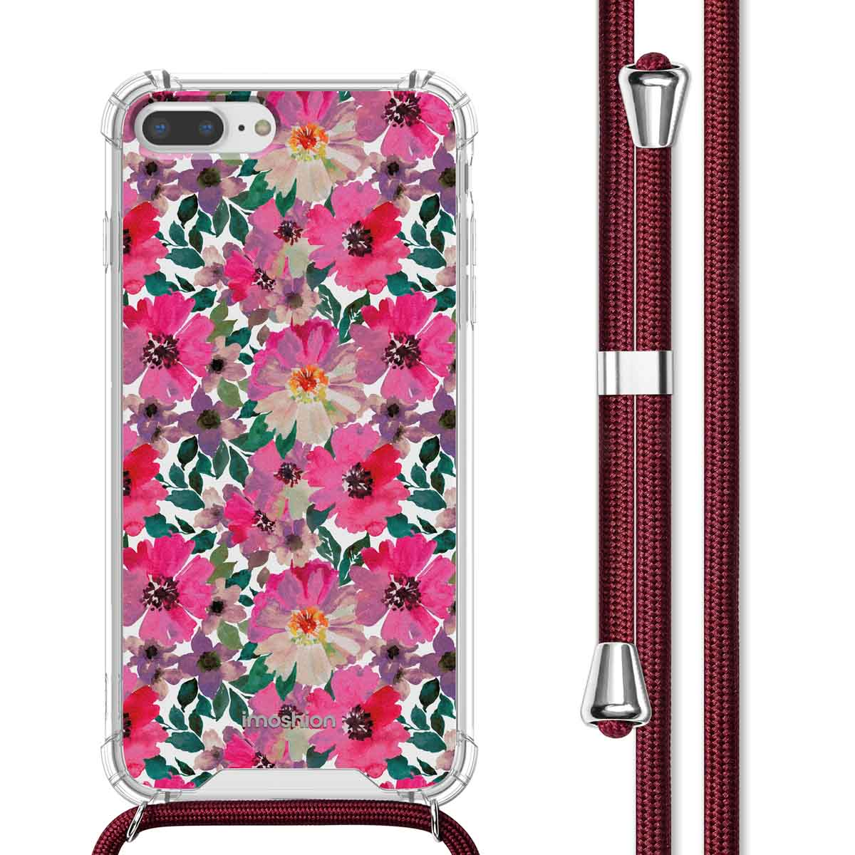 Coque florale avec cordon, fleurs roses, et imoshion.
