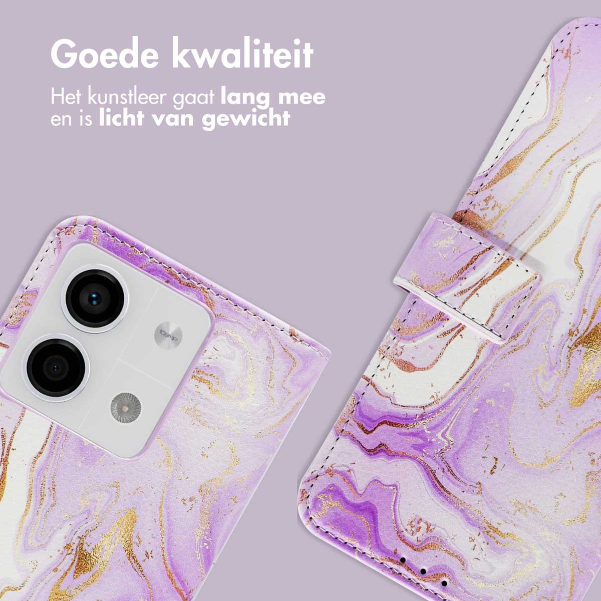 Coque de téléphone avec motif marbre violet et accents dorés. La coque est ouverte, montrant la caméra du téléphone. Texte : 'Bonne qualité'.