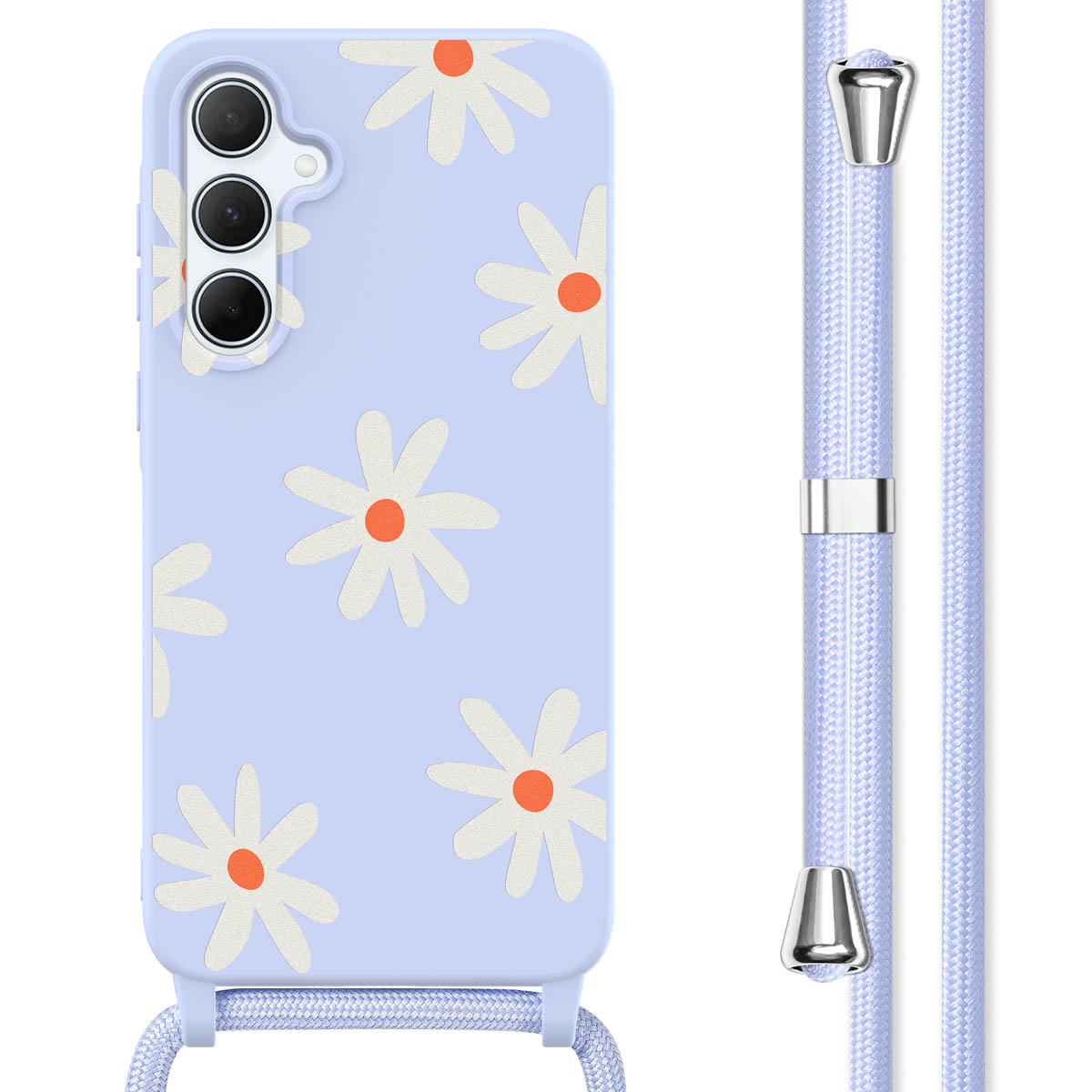 Une coque de téléphone bleu clair avec des marguerites blanches et un cordon bleu clair attaché.