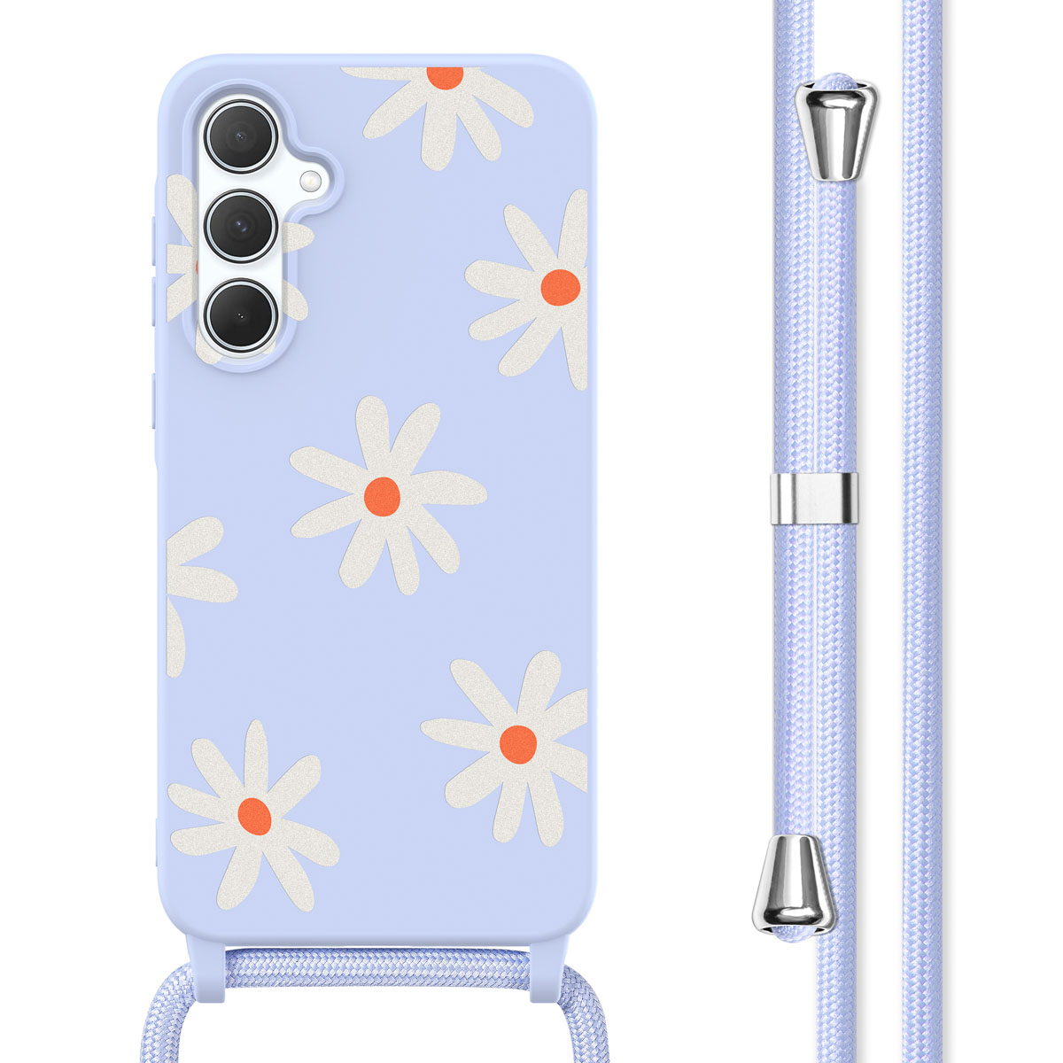 Coque de téléphone bleu clair avec motif de marguerites, bandoulière et fermoir argenté.