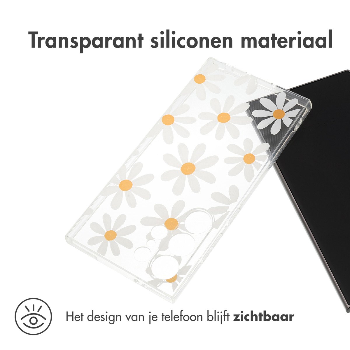 Transparante telefoonhoes met een madelief bloemenontwerp. Hoes naast zwarte telefoon. Tekst geeft aan dat het ontwerp zichtbaar blijft.