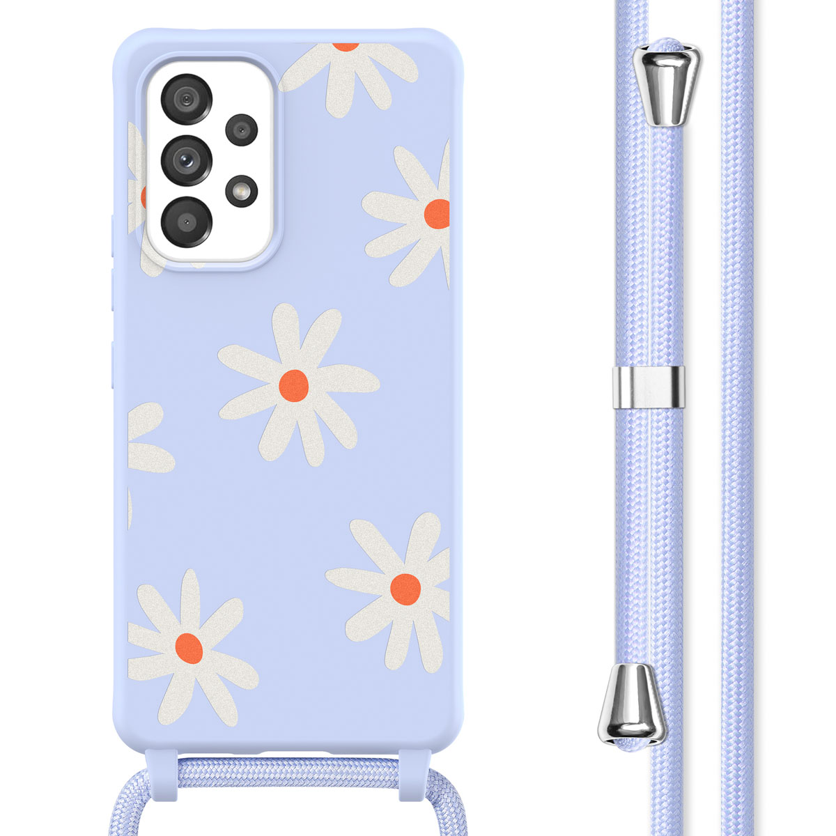 Coque de téléphone lilas avec motif de marguerites blanches et cordon assorti. Fond blanc.
