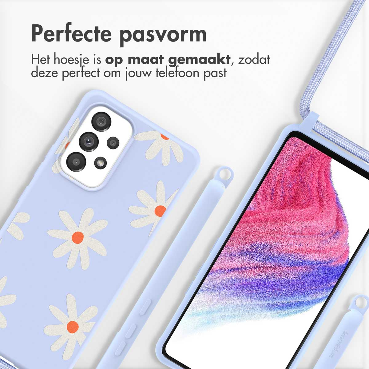 Coque de téléphone avec motif marguerite blanche, attachée à un téléphone. Stylet avec boucle, lanière bleu clair.