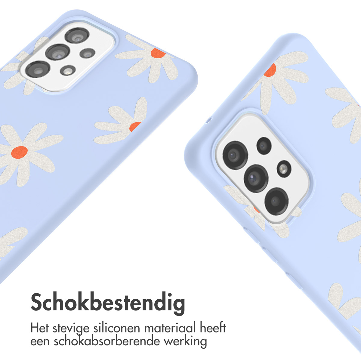 Deux coques de téléphone avec des motifs de marguerites. Coques bleues, marguerites blanches. Texte en néerlandais : Antichoc.