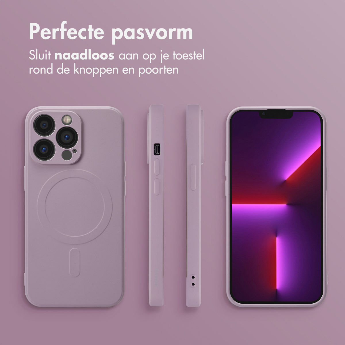 Vier aanzichten van een lila telefoonhoesje. Het staat op een paarse achtergrond. De tekst hierboven luidt 'Perfecte pasvorm'.