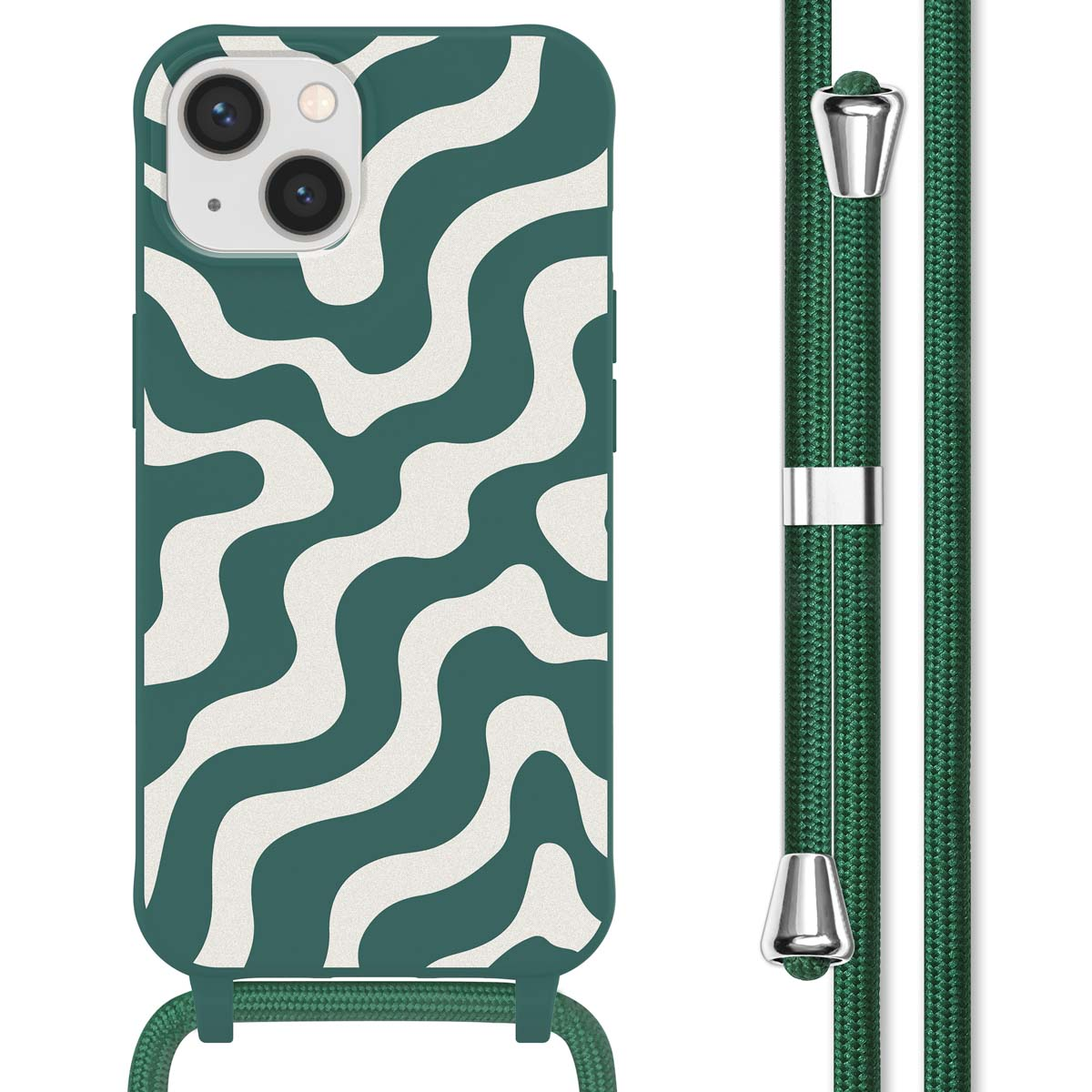 Grüne Handyhülle mit wellenförmigem weißem Muster und grünem Lanyard.