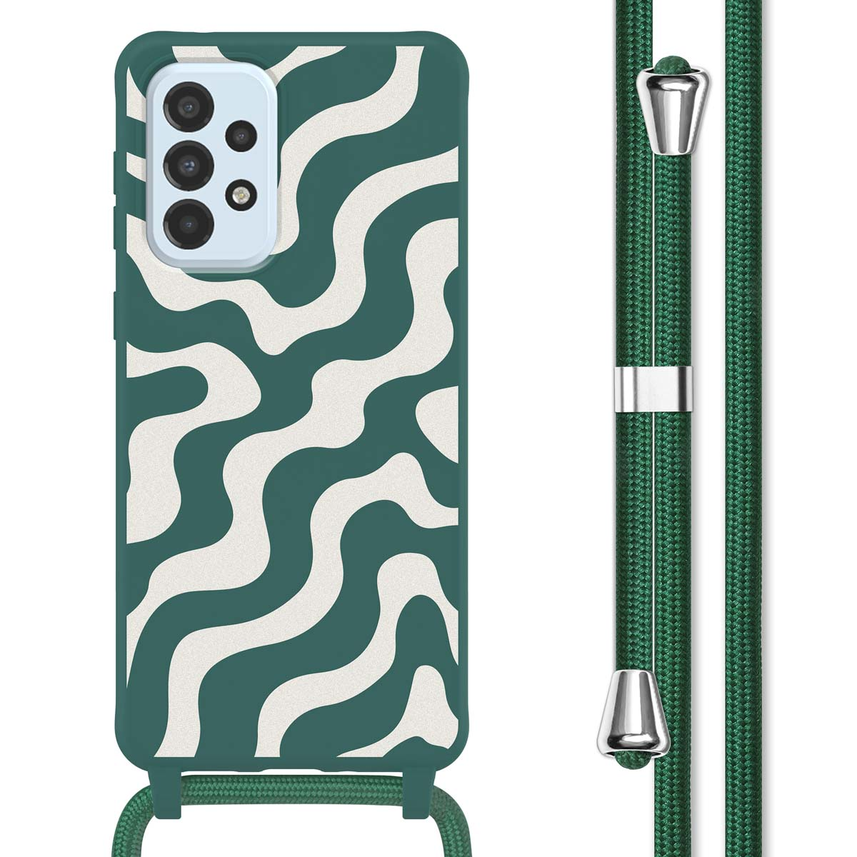 Groene telefoonhoes met wit golvend ontwerp en groene riem.
