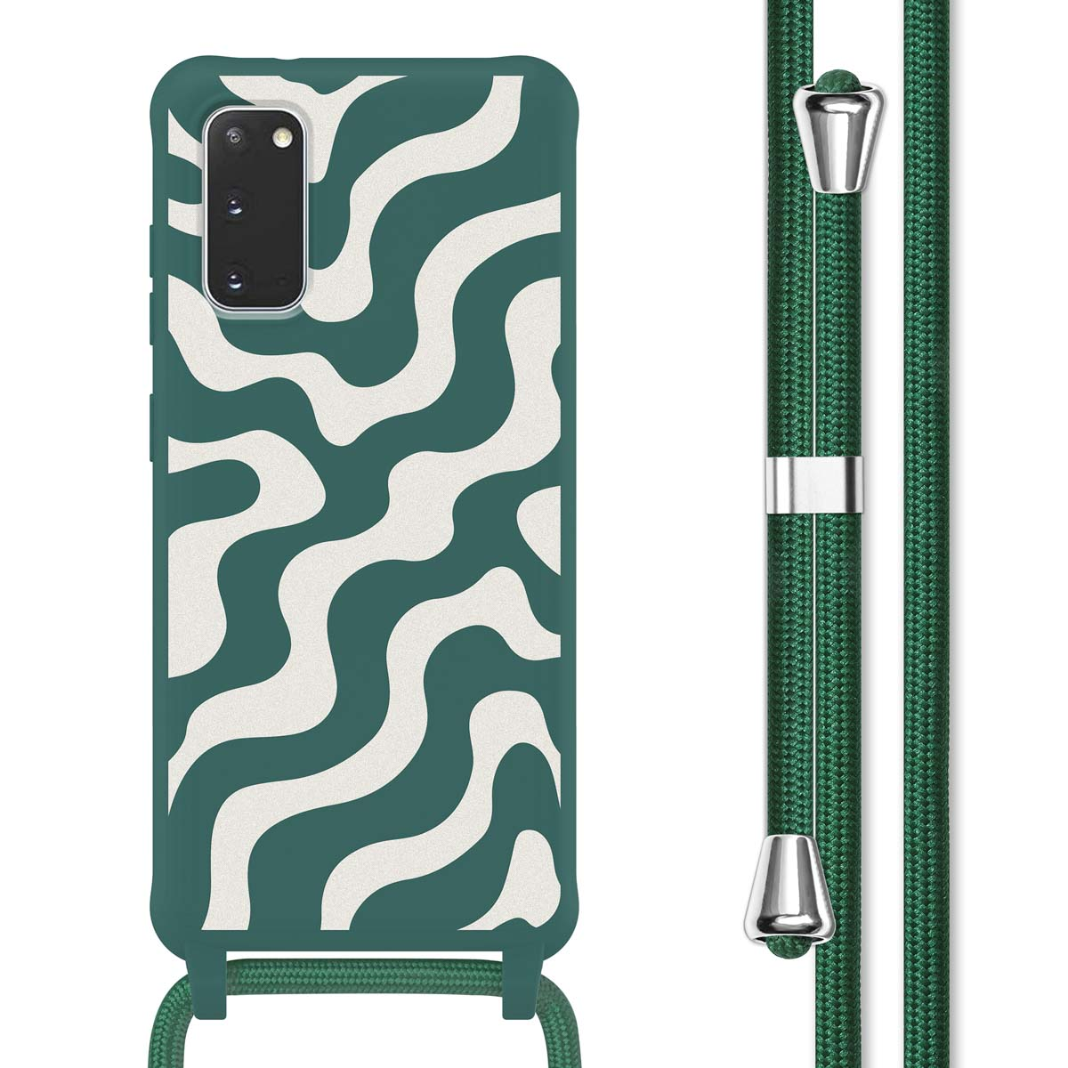 Custodia verde per telefono con linee ondulate bianche e cordino verde.