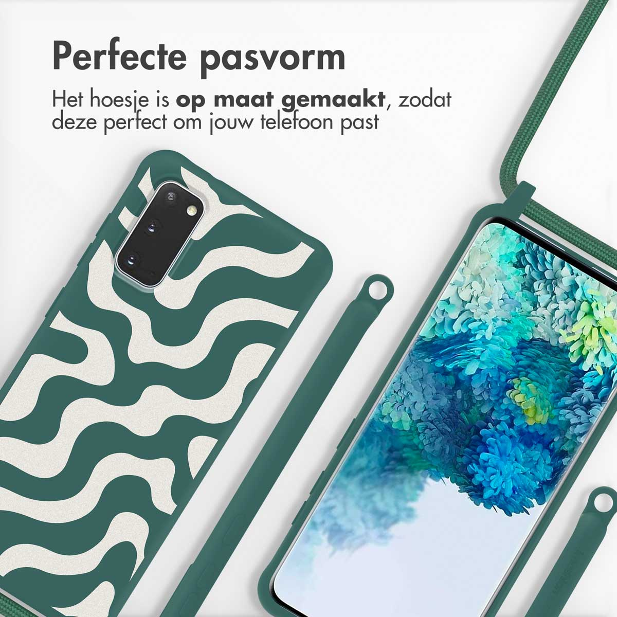 Custodia per telefono verde con motivo a onde bianche e telefono nella custodia, sfondo bianco.