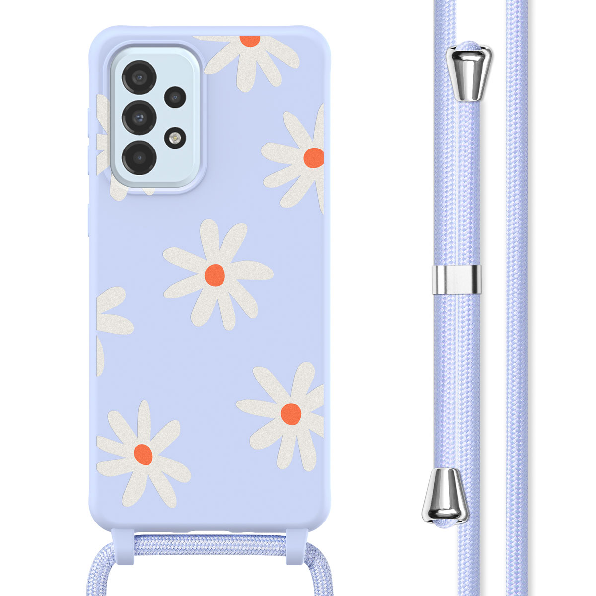 Lavendelkleurige telefoonhoes met madeliefontwerp en koord.