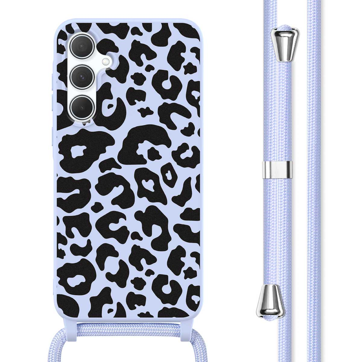 Une coque de téléphone à imprimé léopard avec un motif noir et blanc, une sangle bleue et un téléphone.