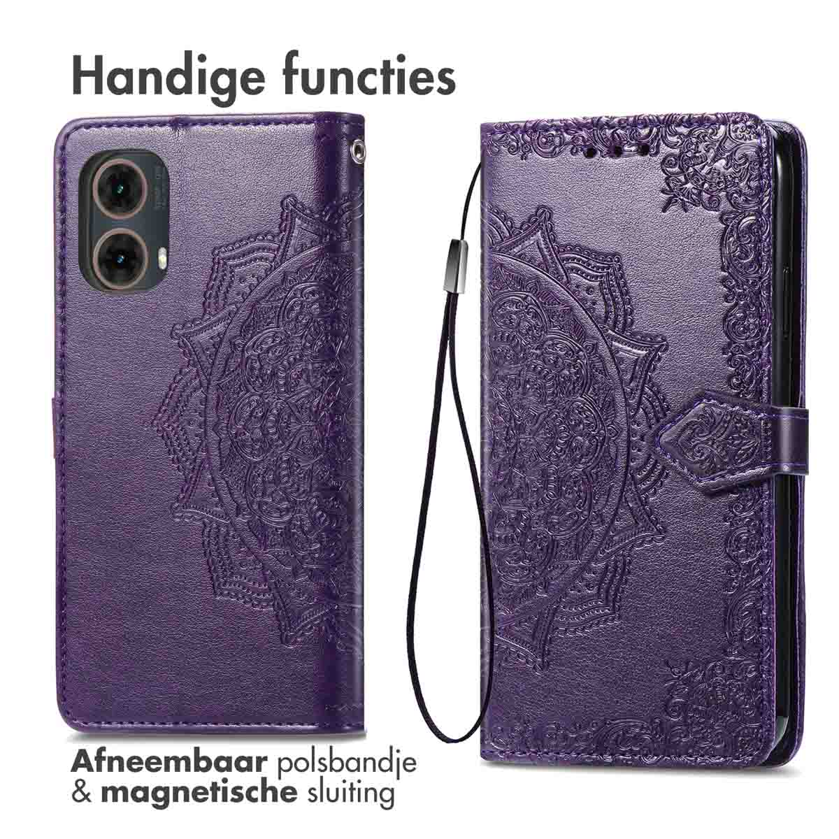 Custodia viola per telefono con motivo mandala, cinturino da polso staccabile e chiusura magnetica.