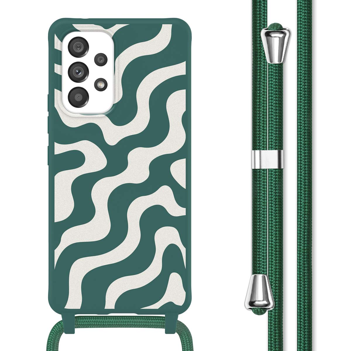 Coque de téléphone verte avec des lignes ondulées blanches et un cordon vert.