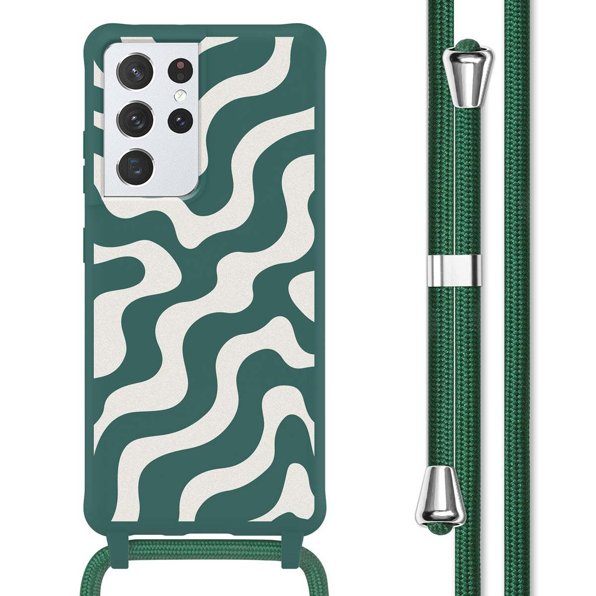 Donkergroene telefoonhoes met witte golvende lijnen. Een groen koord hangt van onderaf.