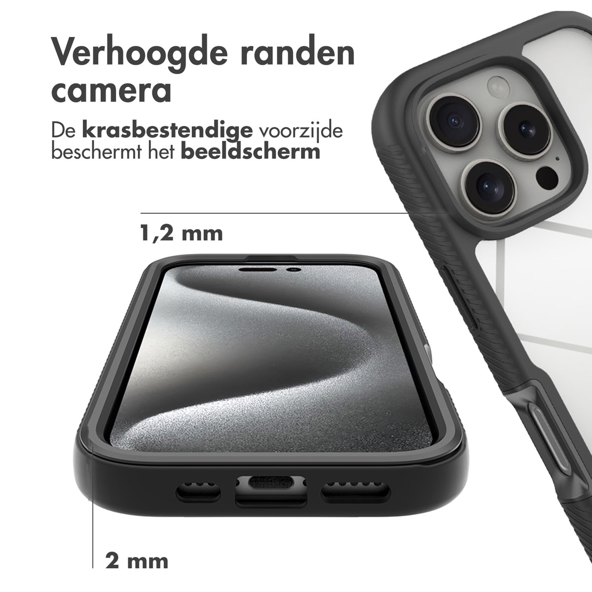 Zwarte telefoonhoes met verhoogde cameraranden. De schermbeschermer zit op zijn plaats. Afmetingen getoond.